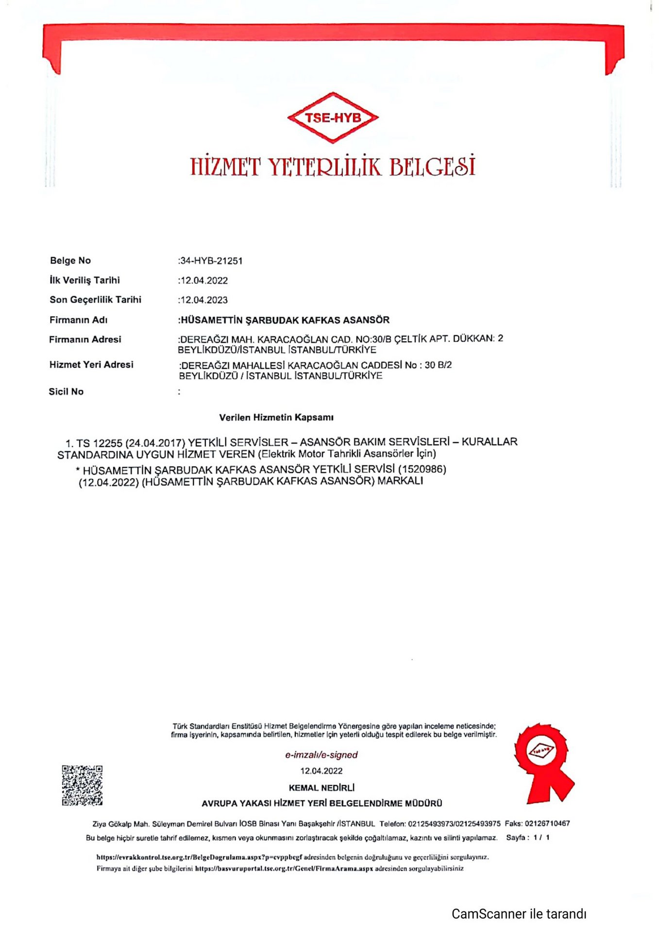 Hizmet Yeterlilik Belgesi